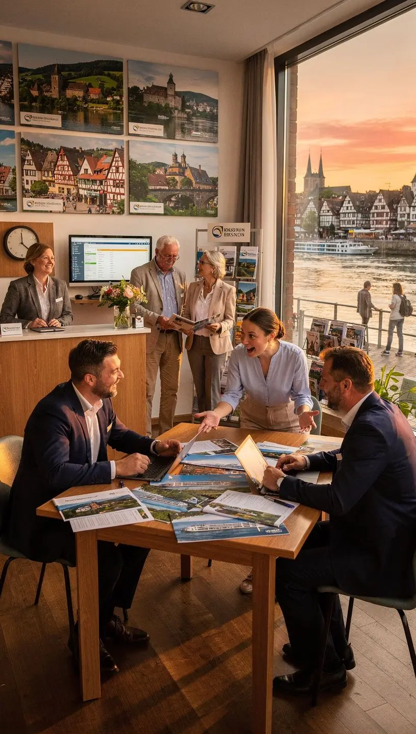 Ansicht eines modernen Koordinationszentrums mit mehreren Bildschirmen zur Organisation von Flusskreuzfahrten in Deutschland.