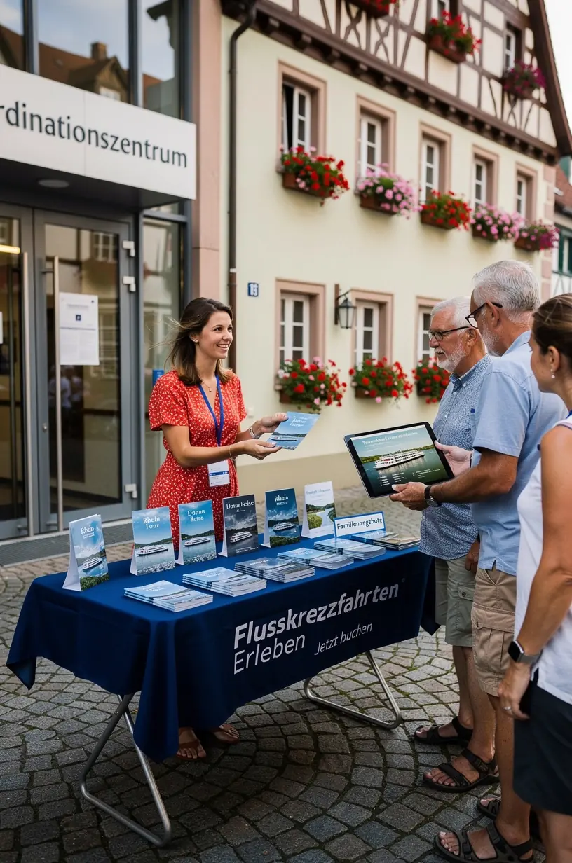 Übersichtliche Darstellung eines Flusskreuzfahrt-Schiffs auf der Karte des Rheintals mit markierten Anlegestellen.